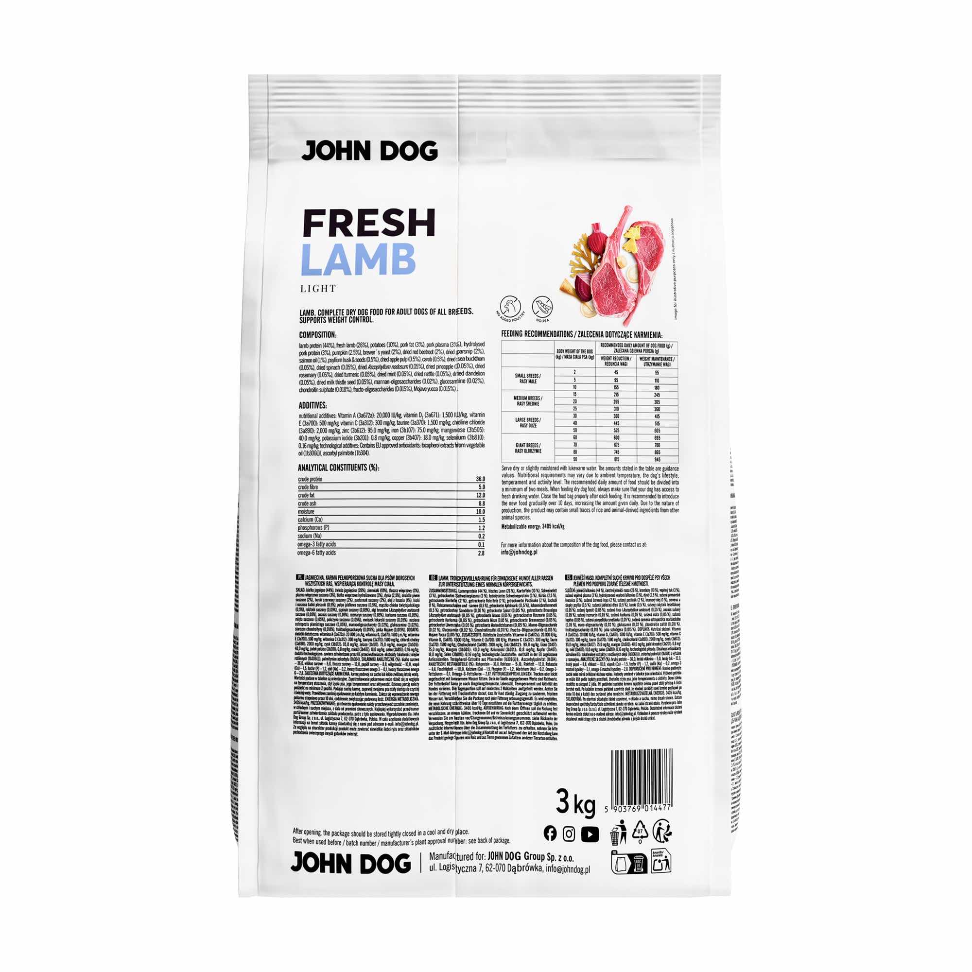 John Dog Fresh Jagnięcina Light Karma Sucha dla Dorosłych Psów