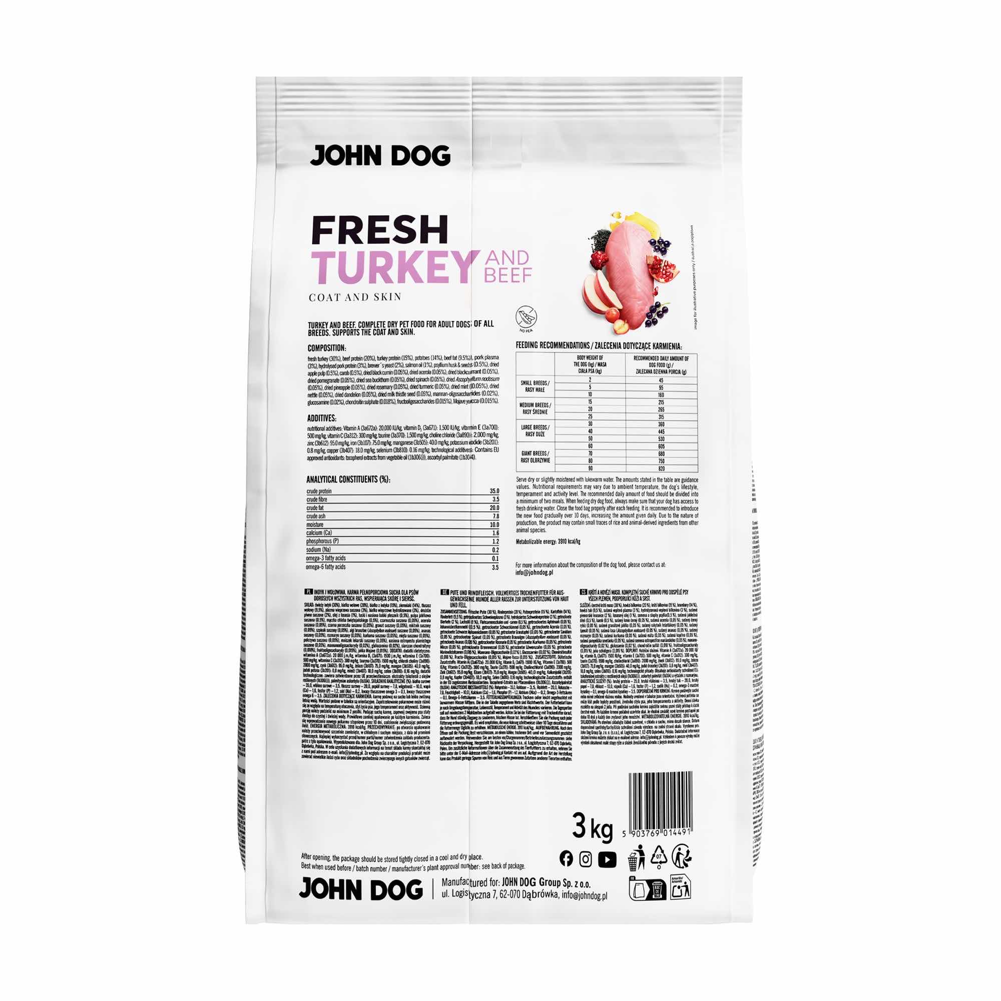 Karma sucha dla psa Indyk i wołowina John Dog Fresh 3kg