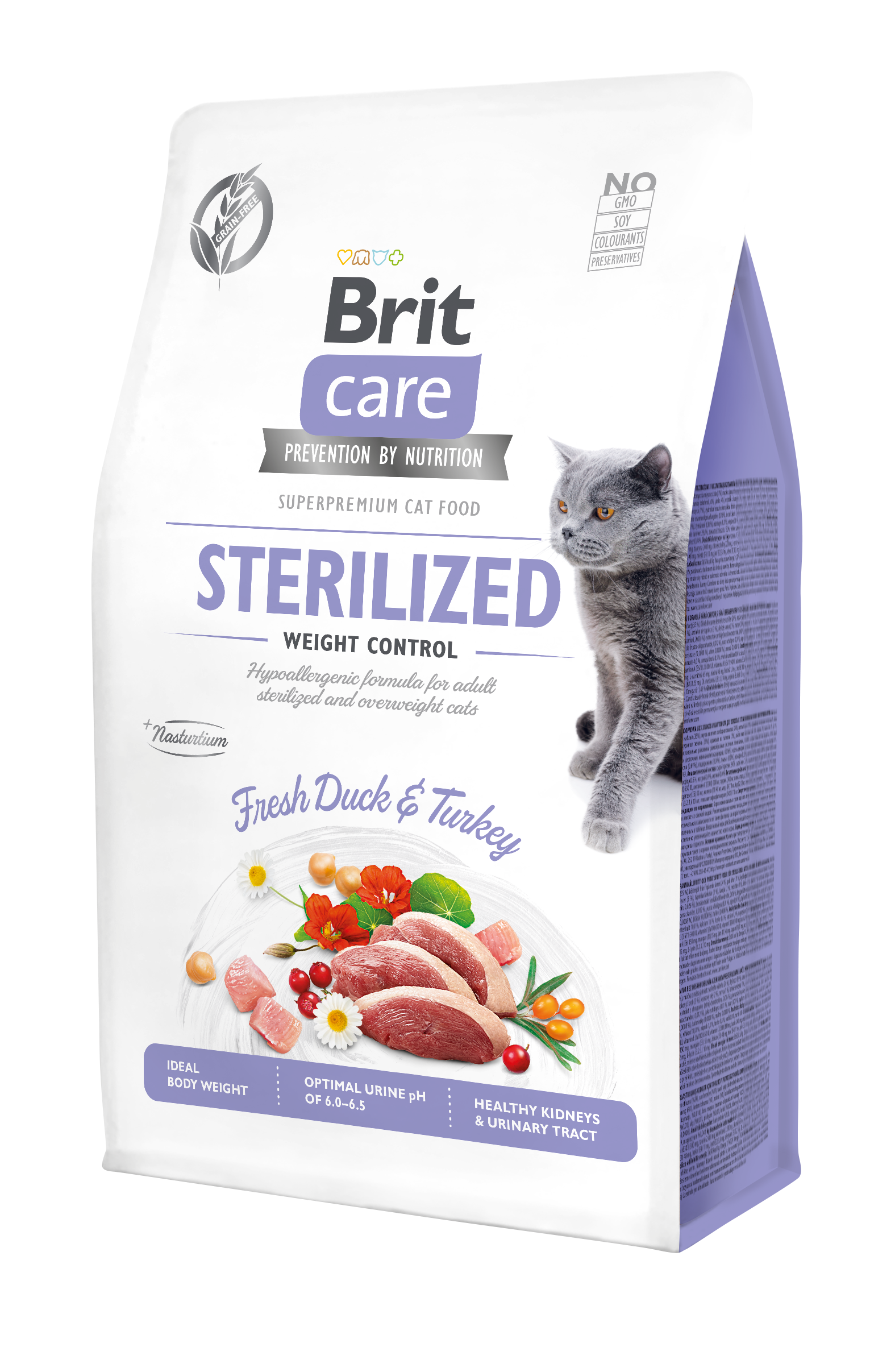Brit Care Cat Grain-Free Sterilized Weight Control, kaczka i indyk, 400 g
